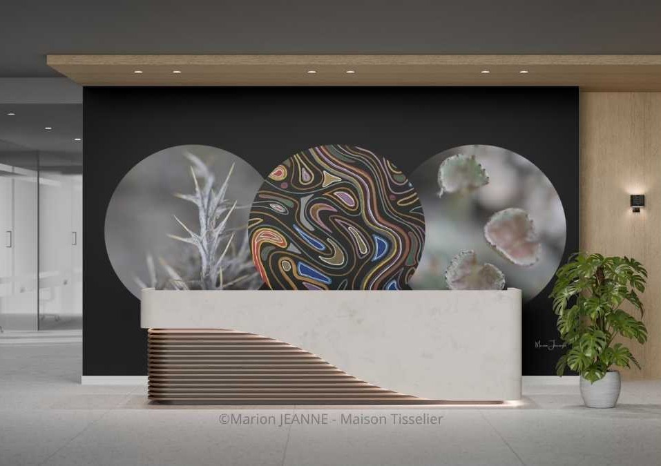 Œuvre abstraite, création plurielle grand format, hall d'accueil Création plurielle abstraite installée dans un hall d'accueil d'entreprise - Maison Tisselier